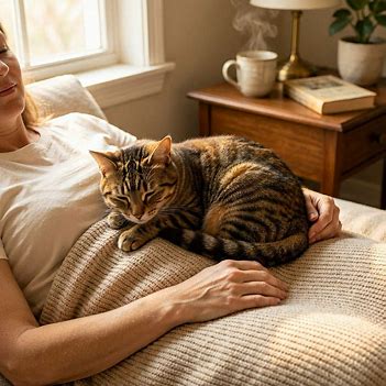 A cat resting peacefully on someone's chest, representing comfort, presence, and emotional support.