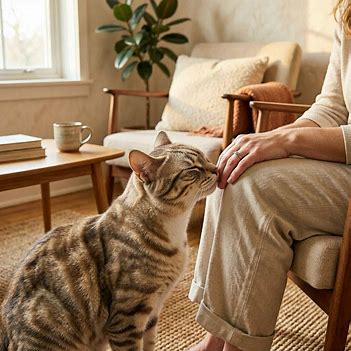 A cat affectionately rubbing against someone, representing uncomplicated connection and affection.