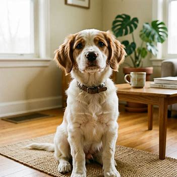 A young dog looking up calmly with soft eyes, representing warmth, joy, and unconditional love.