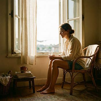 Woman resting near an open window during a hot summer day with soft light coming through. Woman resting near an open window during a hot summer day with soft light coming through.