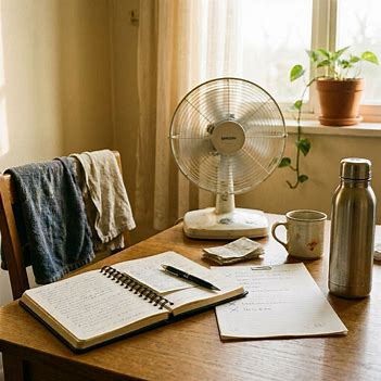 Journal, water bottle, and fan beside a partially completed to-do list during a hot day indoors. Journal, water bottle, and fan beside a partially completed to-do list during a hot day indoors.
