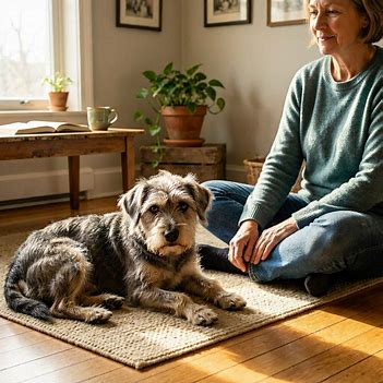 Elderly dog resting calmly beside a person sitting nearby on the floor. Elderly dog resting calmly beside a person sitting nearby on the floor.