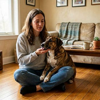 Person sitting with a dog after an emotional moment, finding comfort in the present. Person sitting with a dog after an emotional moment, finding comfort in the present.