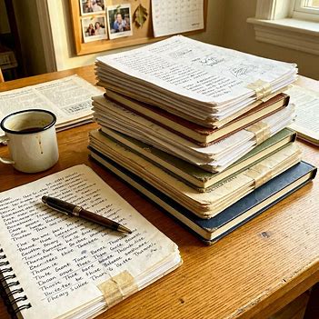 Collection of journals and written pages representing growth through consistent effort over time. Collection of journals and written pages representing growth through consistent effort over time.