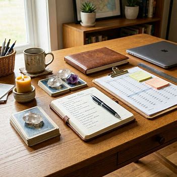 Practical planning tools and spiritual tools displayed side by side.