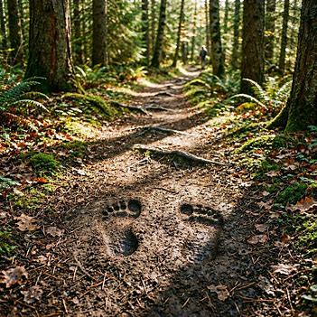 Footprints on a forest path symbolizing staying grounded while moving forward.