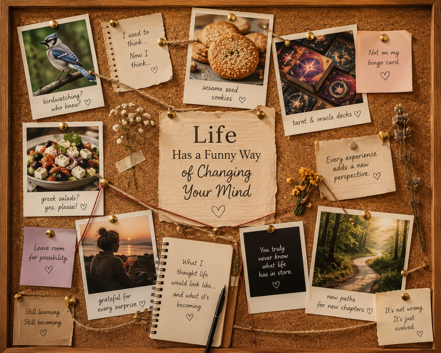 Corkboard filled with photographs and keepsakes representing life's unexpected changes.