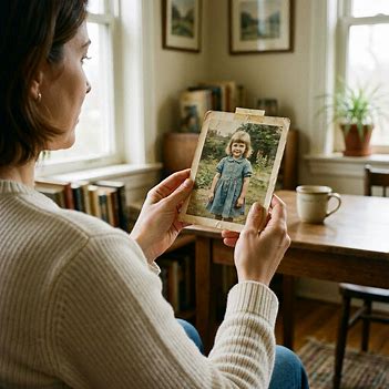 Person smiling gently while looking at an old photograph of themselves.