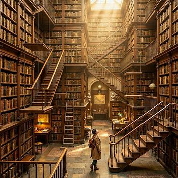 A person walking through a vast floating library filled with towering bookshelves. A person walking through a vast floating library filled with towering bookshelves.