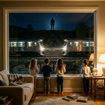Children looking through a train window at a tall shadowy figure beside the tracks at night. Children looking through a train window at a tall shadowy figure beside the tracks at night.