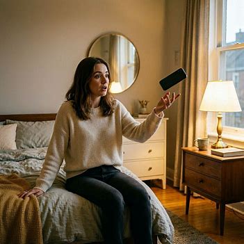 A woman throwing her phone after a shocking realization. A woman throwing her phone after a shocking realization.
