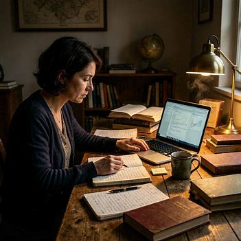 A person researching with books, notes, and a laptop at a desk. A person researching with books, notes, and a laptop at a desk.
