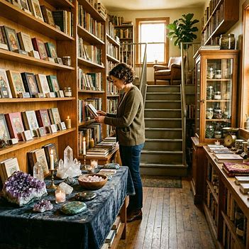 A person browsing tarot decks and crystals inside a metaphysical shop. A person browsing tarot decks and crystals inside a metaphysical shop.