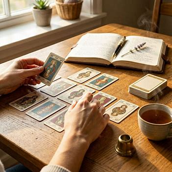 Hands laying out tarot cards during a reading beside a journal. Hands laying out tarot cards during a reading beside a journal.