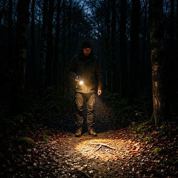 A person exploring the darkness/unknown with a flashlight, illuminating only the next few steps ahead. A person exploring the darkness/unknown with a flashlight, illuminating only the next few steps ahead.