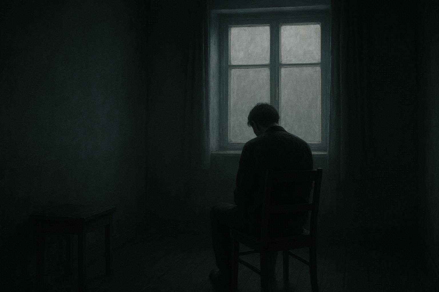 A dimly lit room with a single window casting pale light, evoking isolation and the weight of a difficult chapter A dimly lit room with a single window casting pale light, evoking isolation and the weight of a difficult chapter