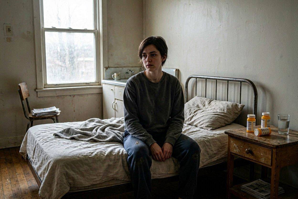 A person sitting quietly on the edge of a bed in a dim room. A person sitting quietly on the edge of a bed in a dim room.
