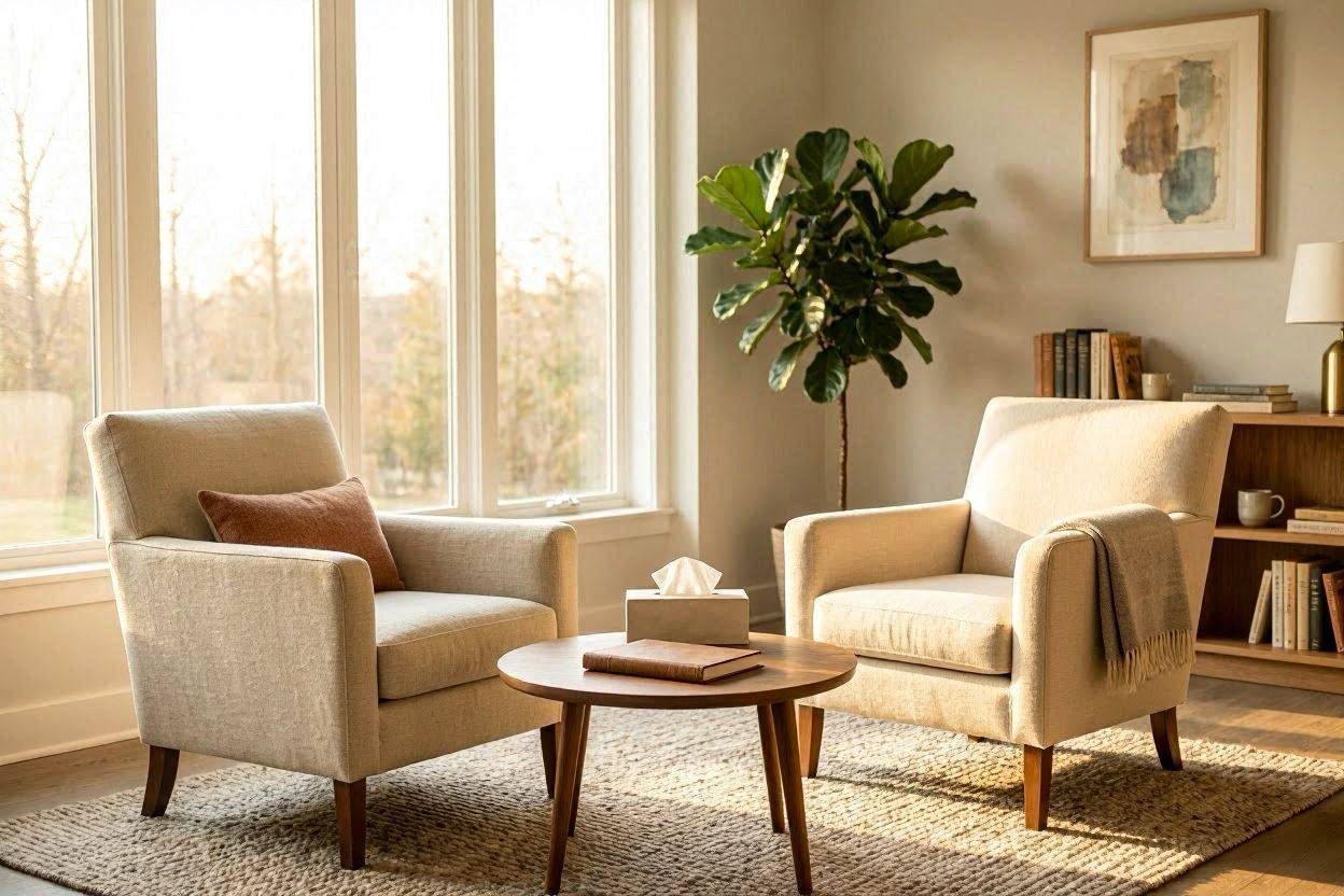 An inviting therapy office with two chairs facing one another. An inviting therapy office with two chairs facing one another.