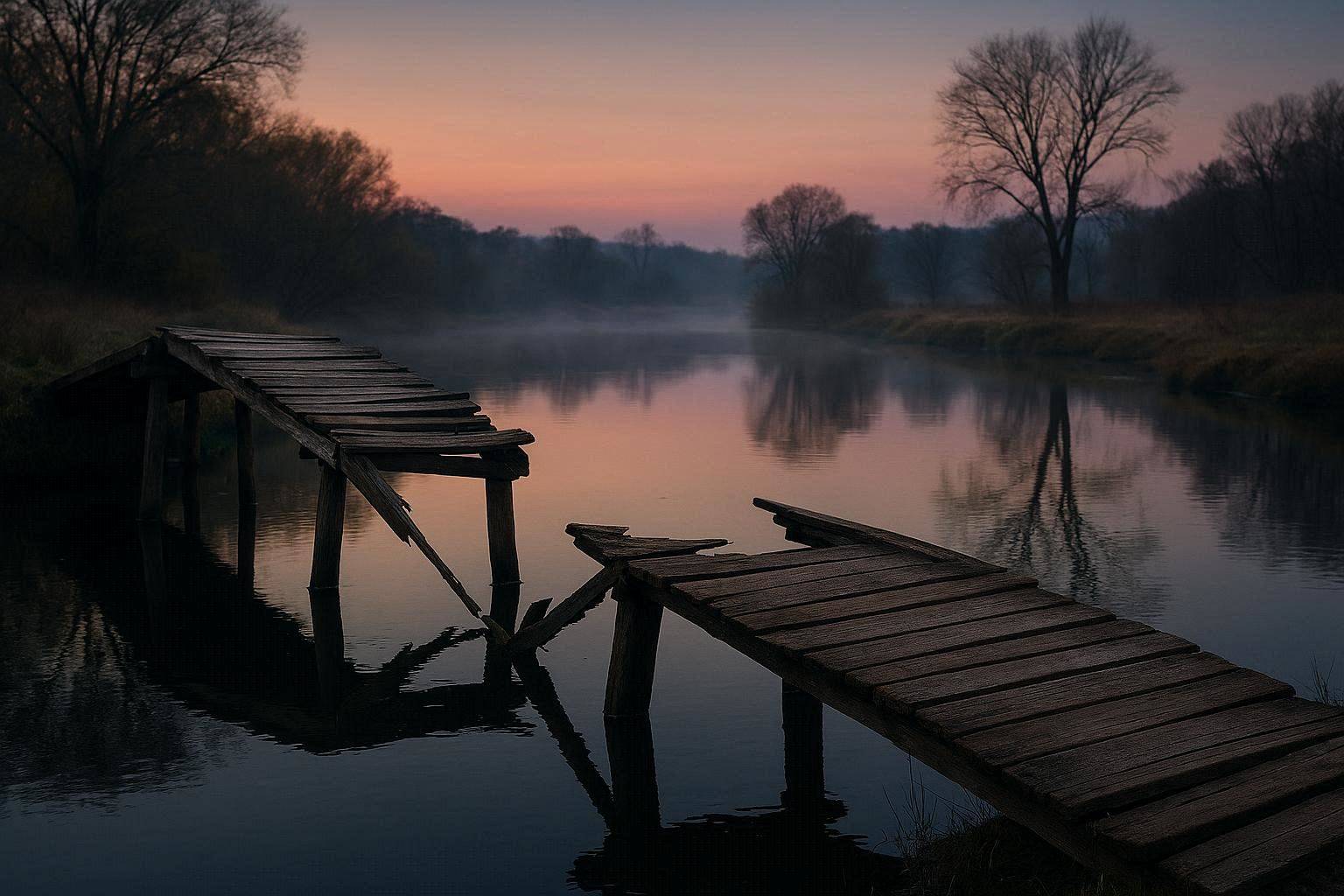 A broken wooden bridge crossing a quiet river, symbolizing relationships that changed over time. A broken wooden bridge crossing a quiet river, symbolizing relationships that changed over time.