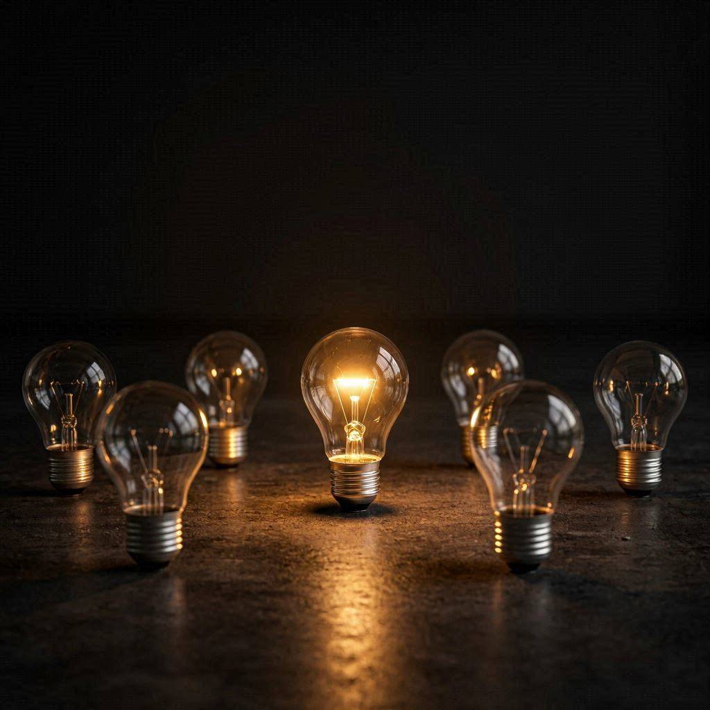 One lit bulb among many unlit ones, representing the moment a new way of thinking begins to take shape One lit bulb among many unlit ones, representing the moment a new way of thinking begins to take shape