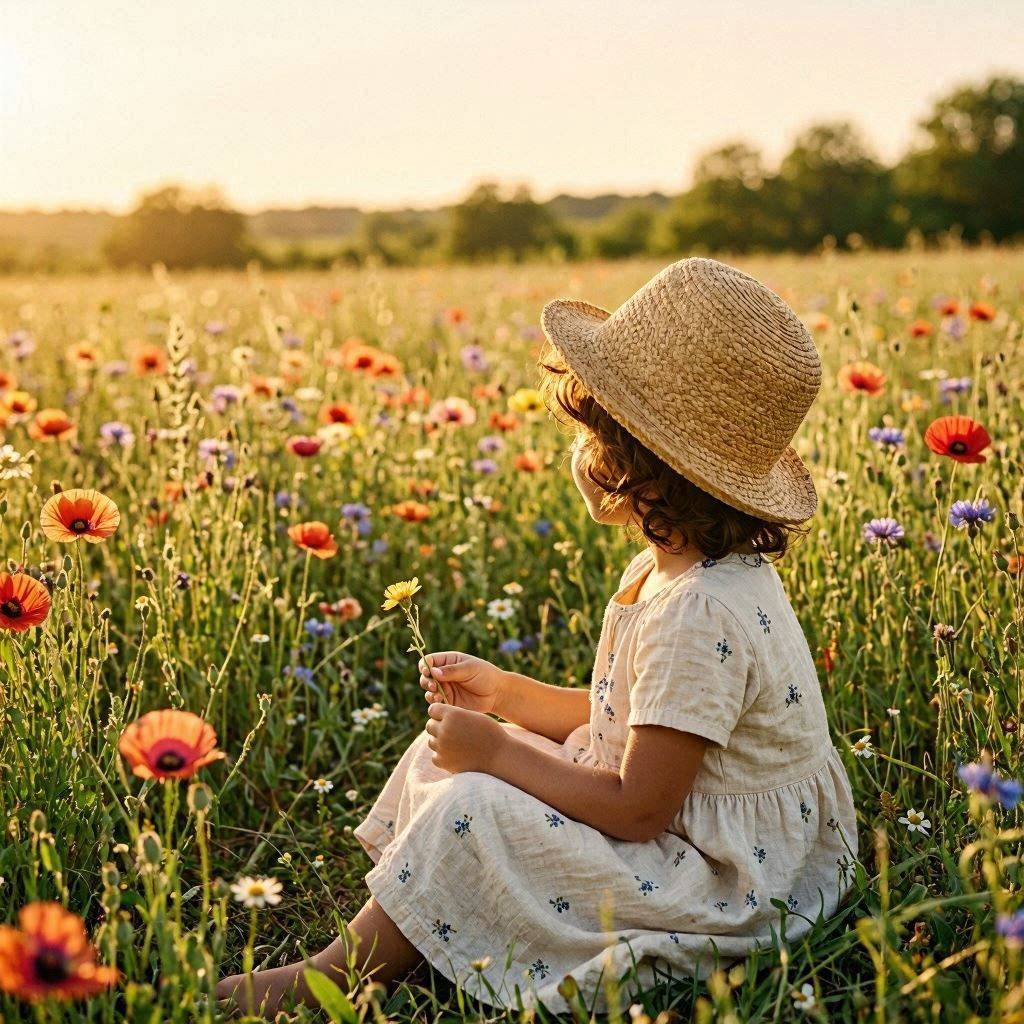 A child sitting in a field looking up at the sky, representing the natural curiosity we are born with before it gets quieted A child sitting in a field looking up at the sky, representing the natural curiosity we are born with before it gets quieted