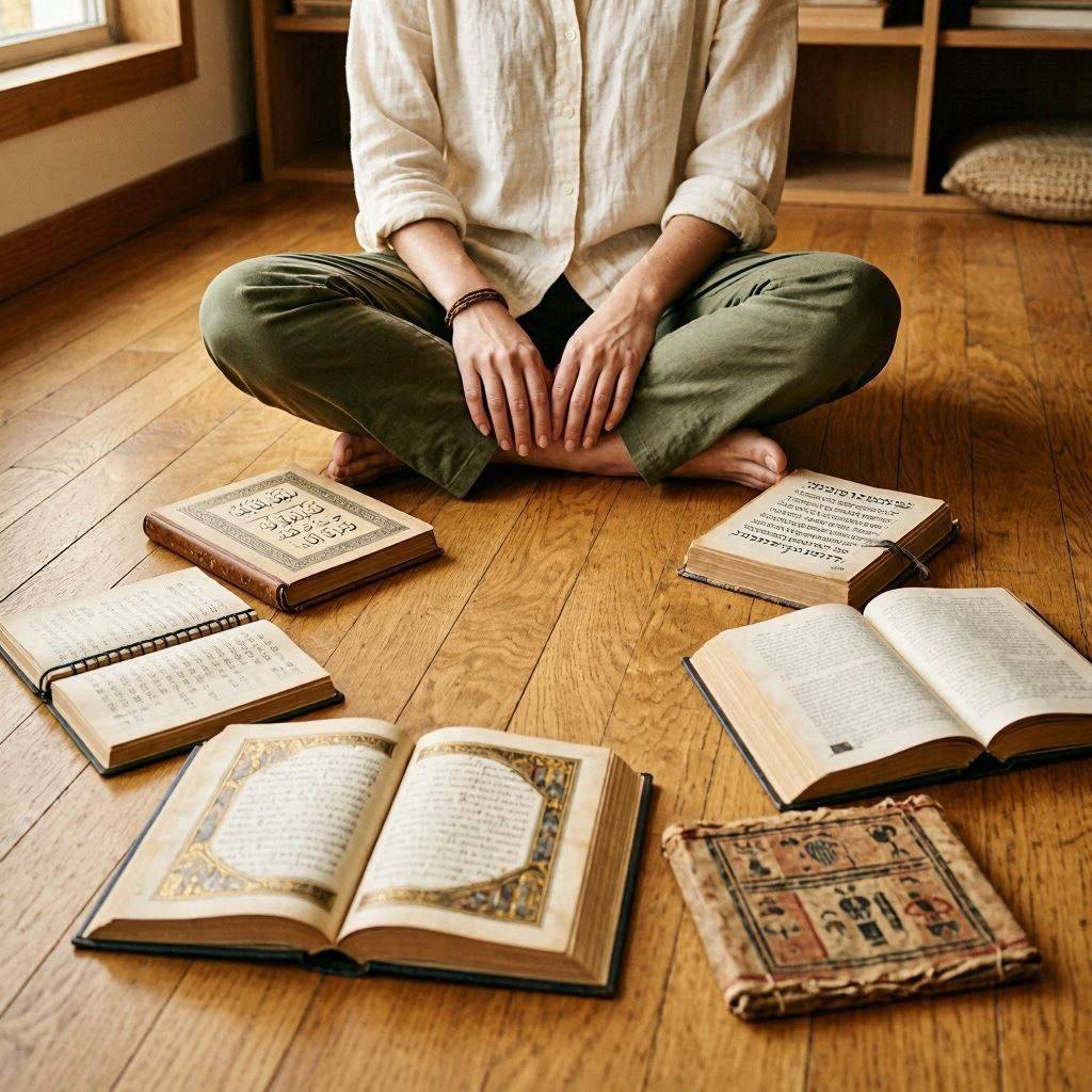 A person surrounded by books from different traditions, representing the openness that comes when curiosity replaces certainty A person surrounded by books from different traditions, representing the openness that comes when curiosity replaces certainty