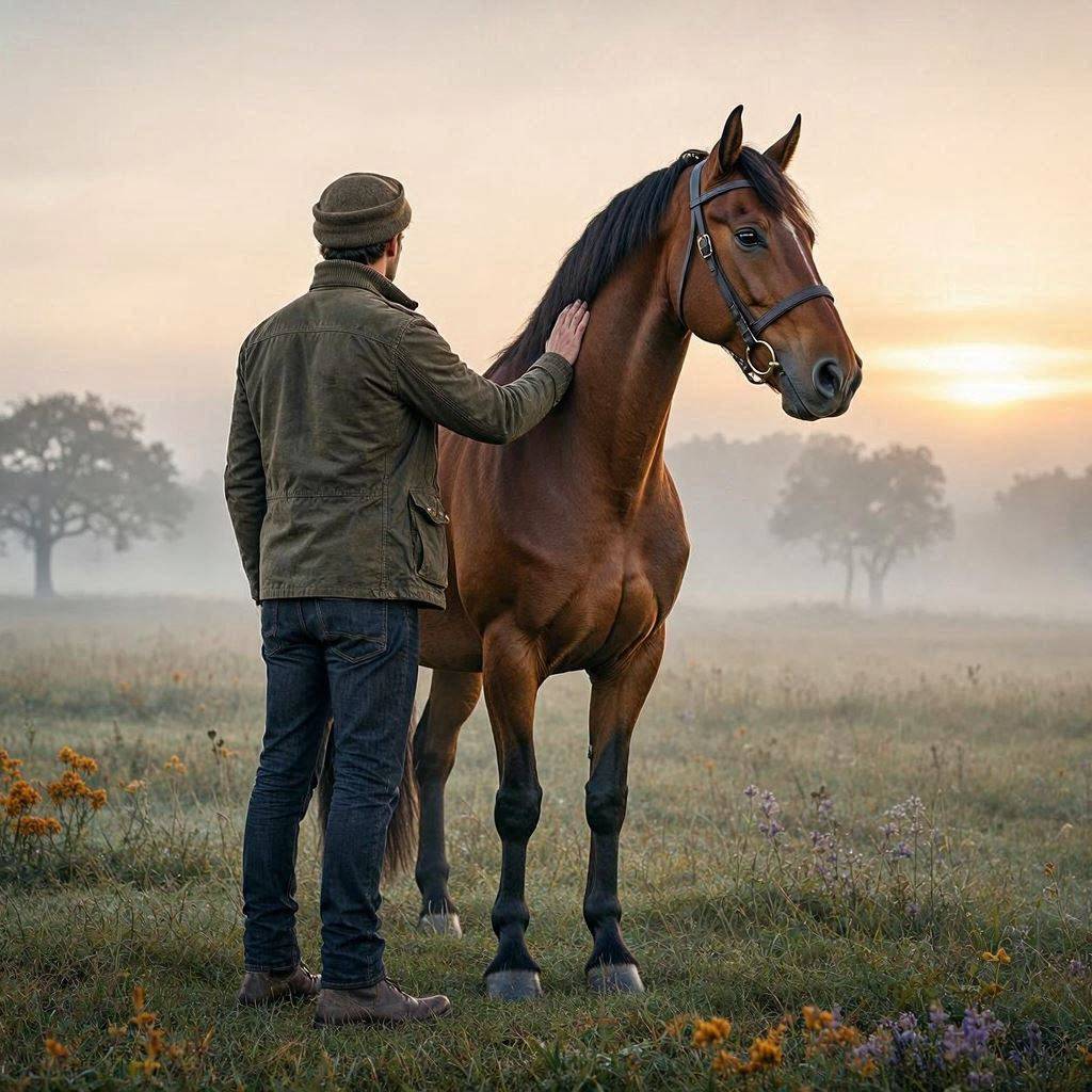 A person standing quietly beside a horse in morning mist, representing the moment of feeling something beyond what words can easily explain A person standing quietly beside a horse in morning mist, representing the moment of feeling something beyond what words can easily explain