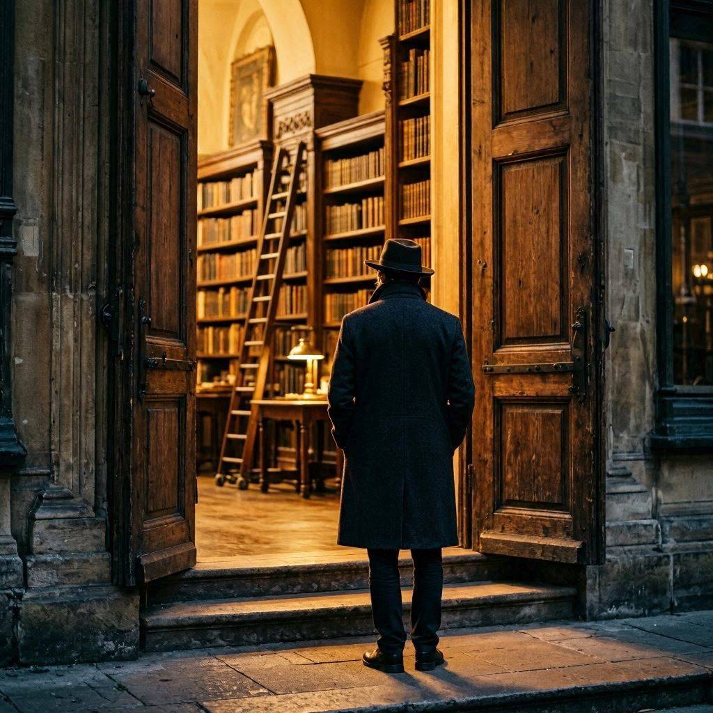 A person standing before the open entrance of a library, symbolizing curiosity and the willingness to explore new perspectives.
