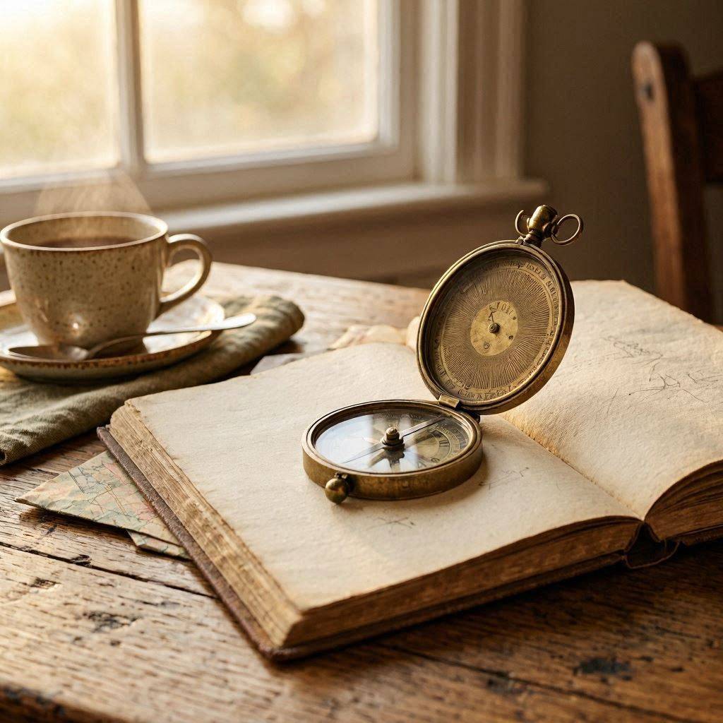 A compass resting on an open journal, representing choosing curiosity as a guide rather than certainty.