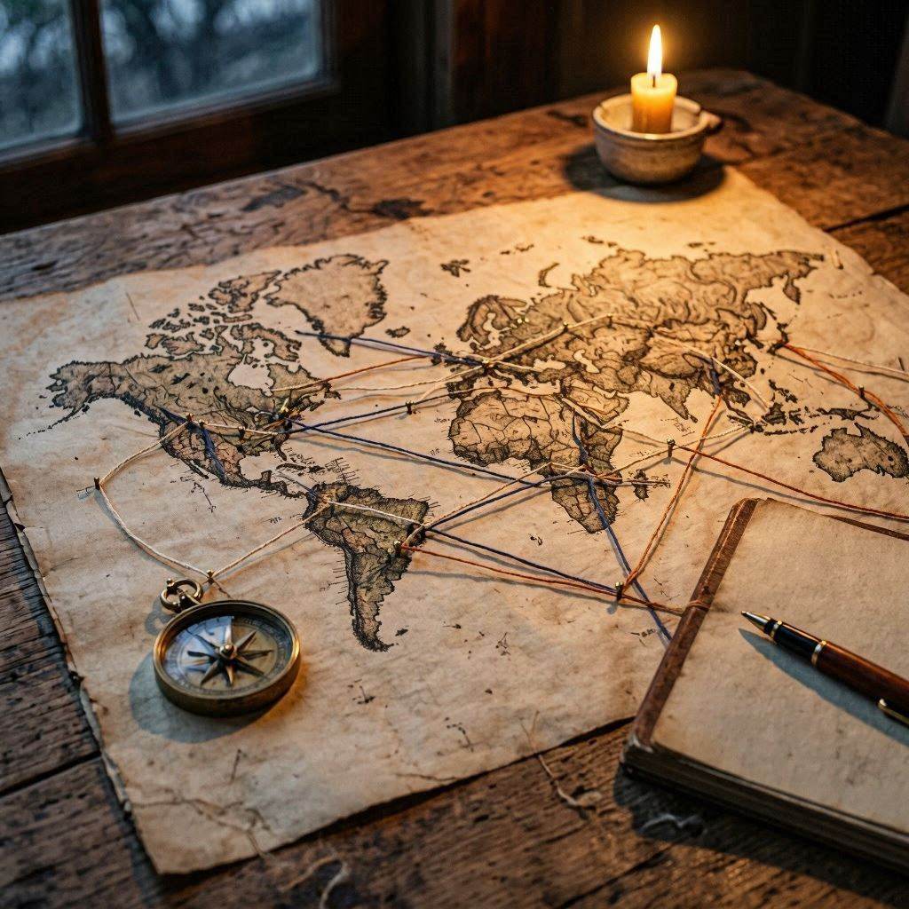 A world map with connecting threads across continents, representing the discovery of similar practices and ideas across many cultures.