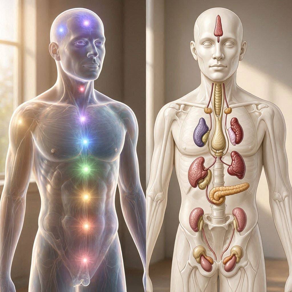 A symbolic energy body beside an anatomical illustration, representing curiosity about different frameworks for understanding the body.