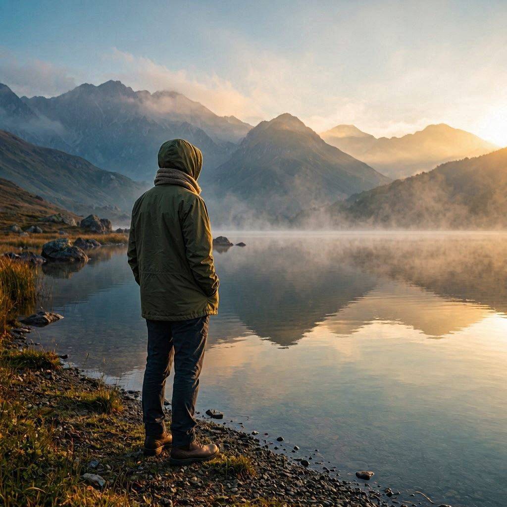 A person looking across a calm lake toward distant mountains, representing openness to experiences that have yet to unfold.