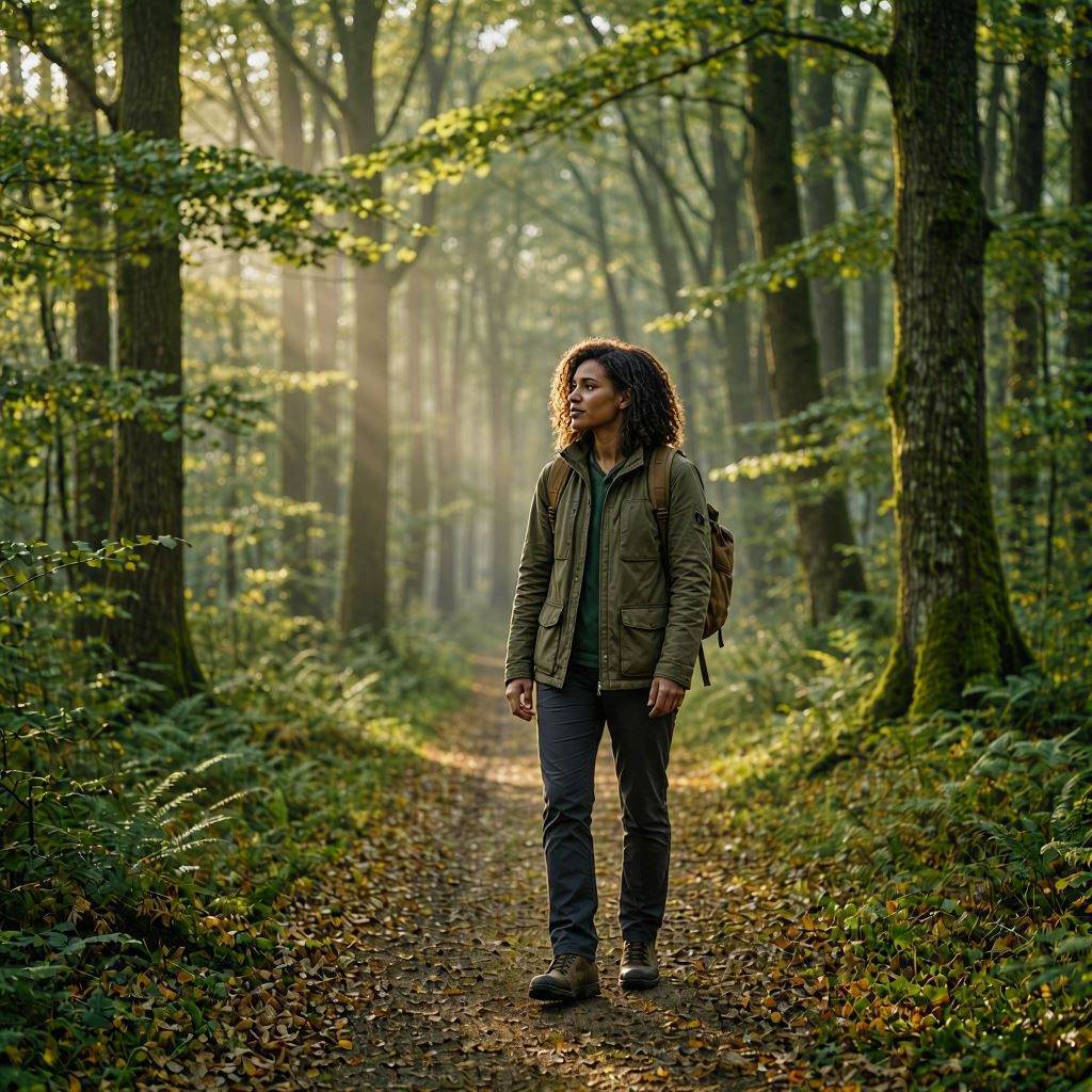 A person standing at the beginning of a sunlit forest path, symbolizing learning to trust oneself and the journey ahead.