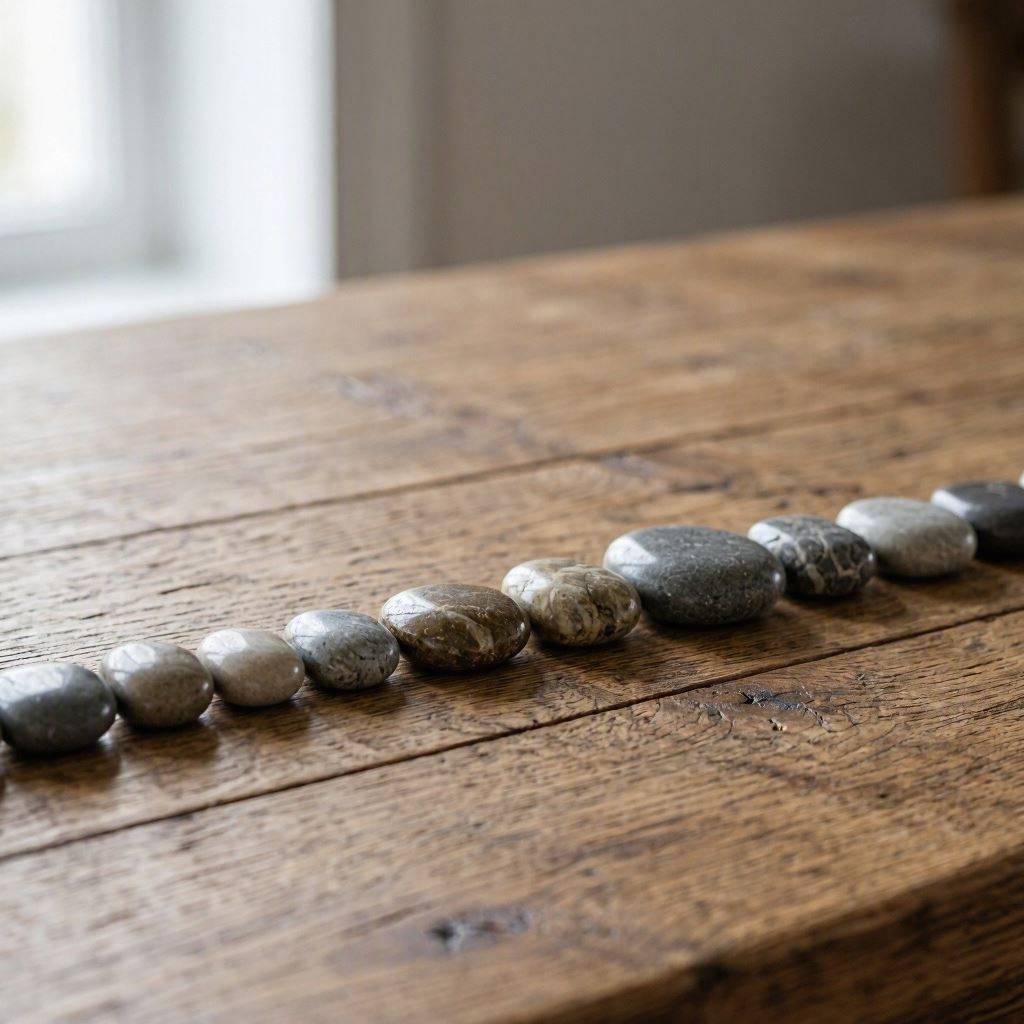 Small stones arranged in a quiet line, representing the accumulation of small experiences that could no longer be dismissed