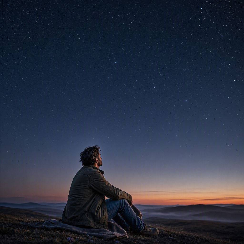 A small figure looking up at a vast starlit sky, representing the openness to curiosity and wonder that comes with finally accepting all of yourself