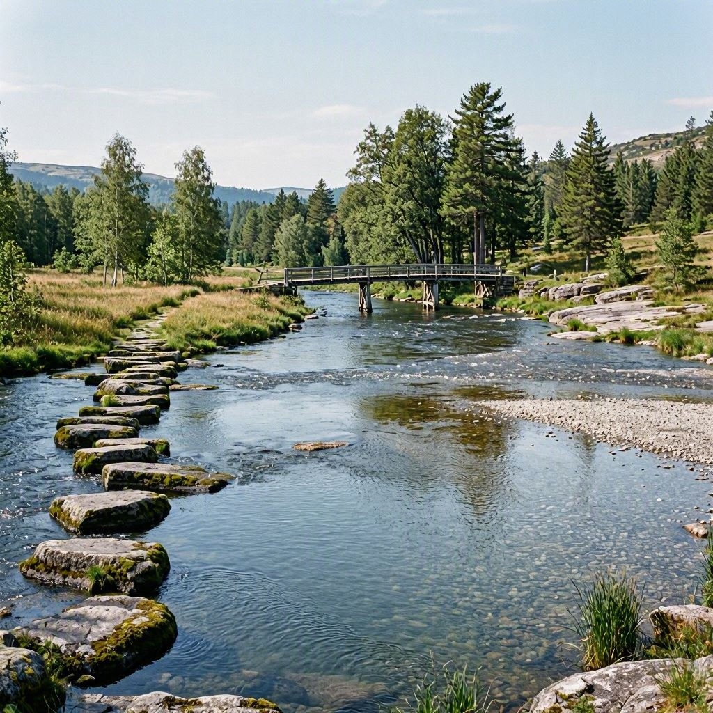 Several different ways of crossing the same river, representing shared life checkpoints that people may encounter and navigate in their own individual ways. Several different ways of crossing the same river, representing shared life checkpoints that people may encounter and navigate in their own individual ways.