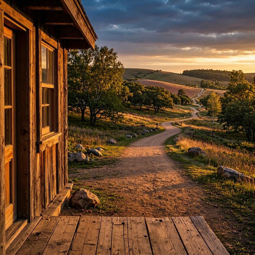 A winding path viewed from beside a warmly lit cabin looking back across the landscape, representing the realization that the experiences along the way were the road home to yourself A winding path viewed from beside a warmly lit cabin looking back across the landscape, representing the realization that the experiences along the way were the road home to yourself