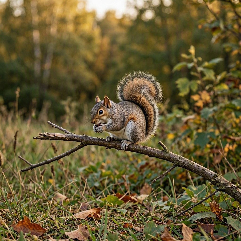 A squirrel balances playfully on a thin branch surrounded by greenery and warm natural light. A squirrel balances playfully on a thin branch surrounded by greenery and warm natural light.