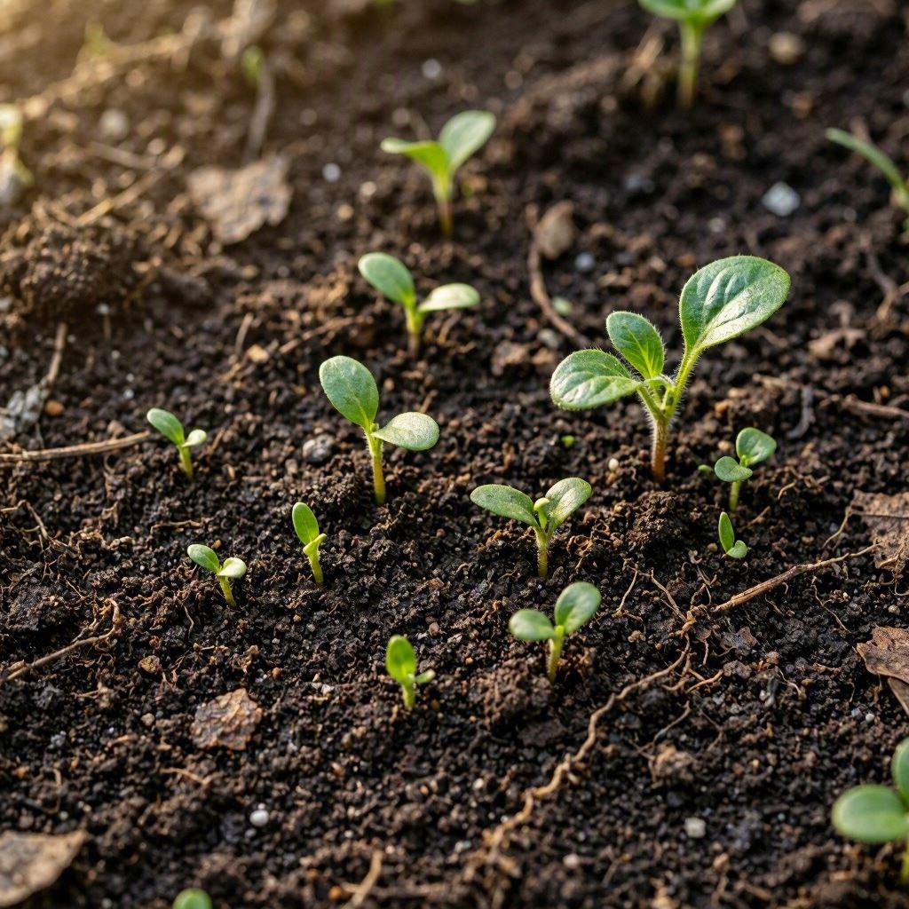 Small green seedlings at different stages of growth emerge from dark soil in warm natural light. Small green seedlings at different stages of growth emerge from dark soil in warm natural light.