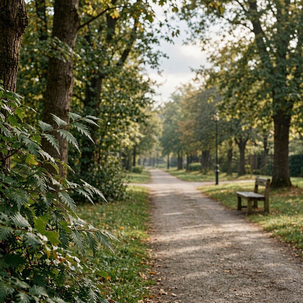 A quiet tree-lined walking path brings nearby leaves, light, and small details of the present moment into focus. A quiet tree-lined walking path brings nearby leaves, light, and small details of the present moment into focus.