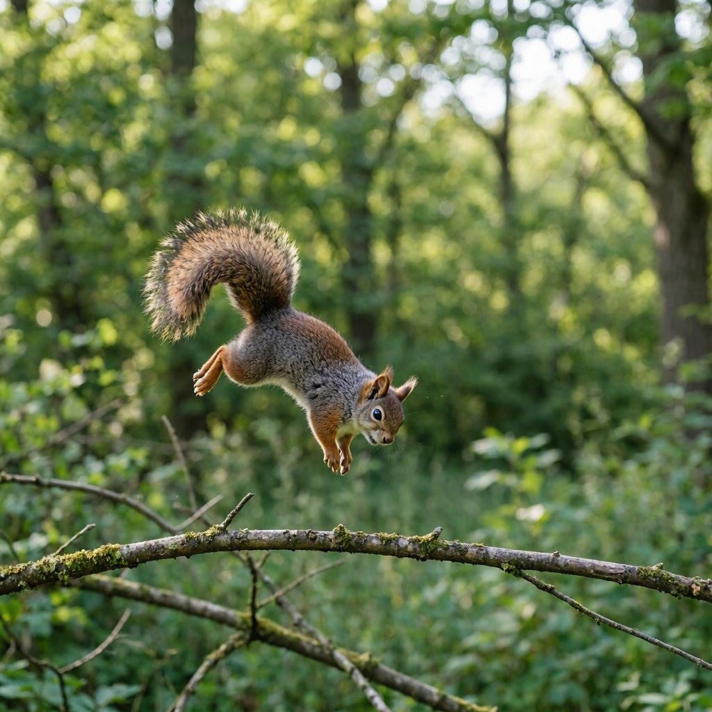 A squirrel twists through the air above a thin branch in a surprising and playful moment. A squirrel twists through the air above a thin branch in a surprising and playful moment.