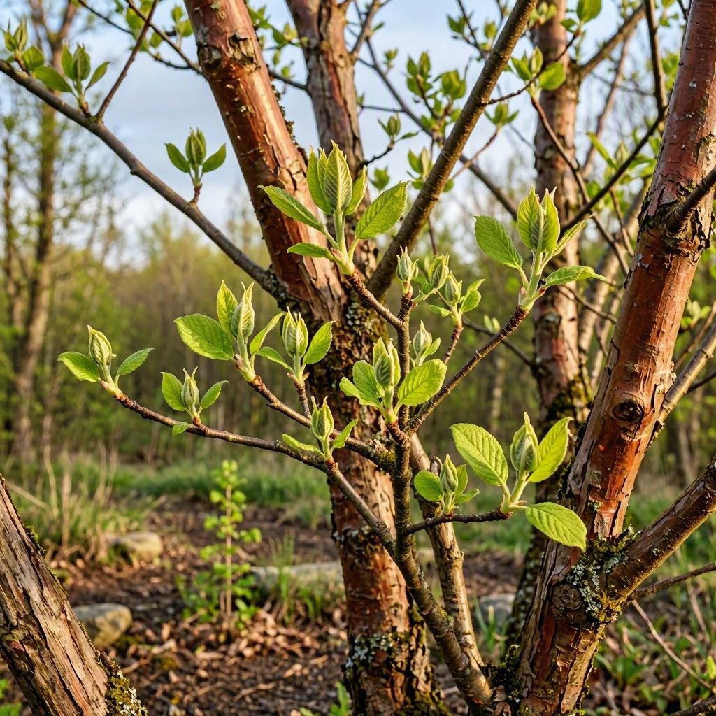 Fresh leaves and unfolding buds grow from the weathered branches of a young tree. Fresh leaves and unfolding buds grow from the weathered branches of a young tree.