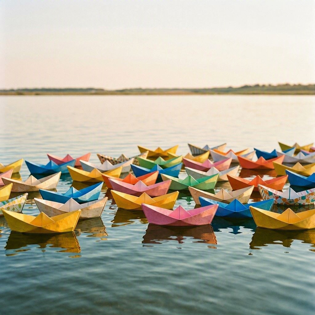 A collection of colorful paper boats floats together across calm water in warm natural light. A collection of colorful paper boats floats together across calm water in warm natural light.