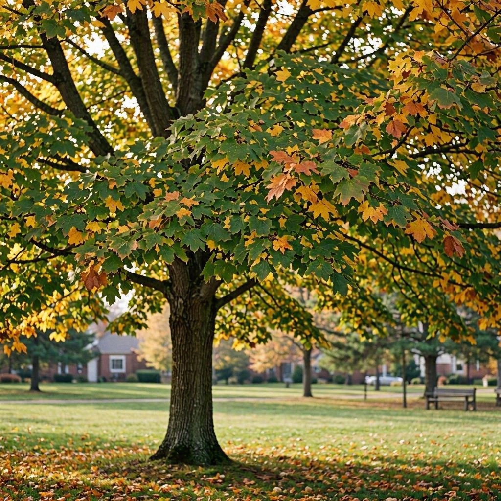 Green and changing leaves share the branches of a tree during a gradual seasonal transition. Green and changing leaves share the branches of a tree during a gradual seasonal transition.