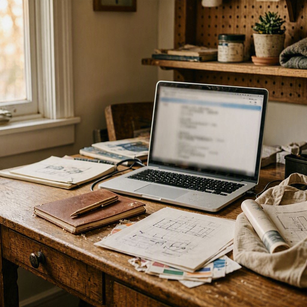 A well-used writing space with a laptop, notebook, pen, and coffee reflects an ongoing creative practice. A well-used writing space with a laptop, notebook, pen, and coffee reflects an ongoing creative practice.