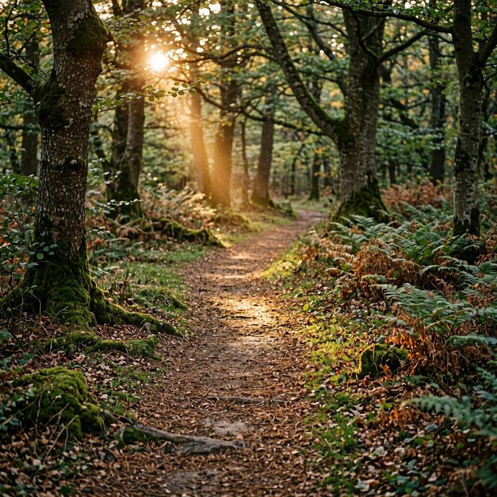 Warm sunlight breaks through the trees and illuminates part of a shaded path. Warm sunlight breaks through the trees and illuminates part of a shaded path.