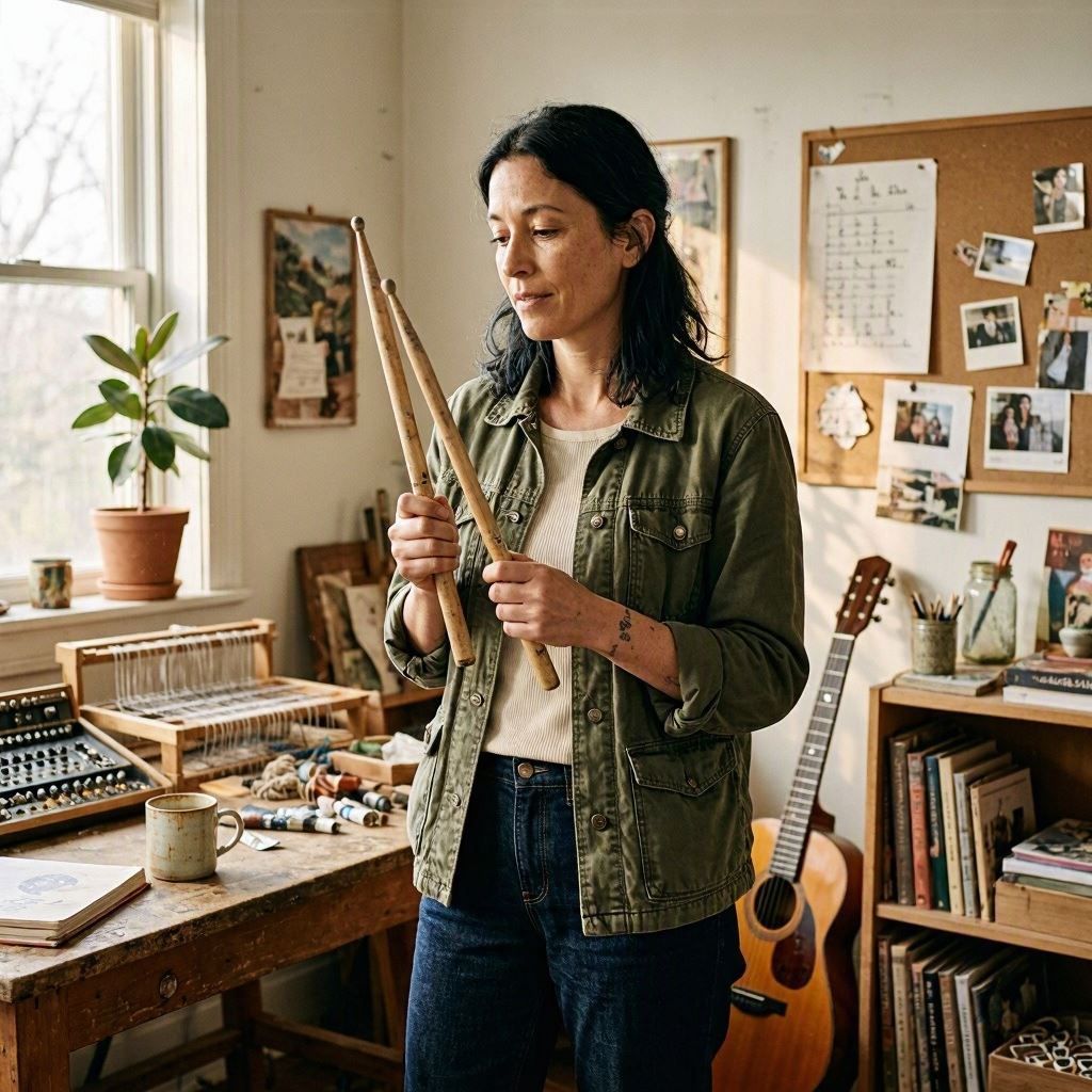 A woman holding an old pair of drumsticks and considering what they mean to her now. A woman holding an old pair of drumsticks and considering what they mean to her now.