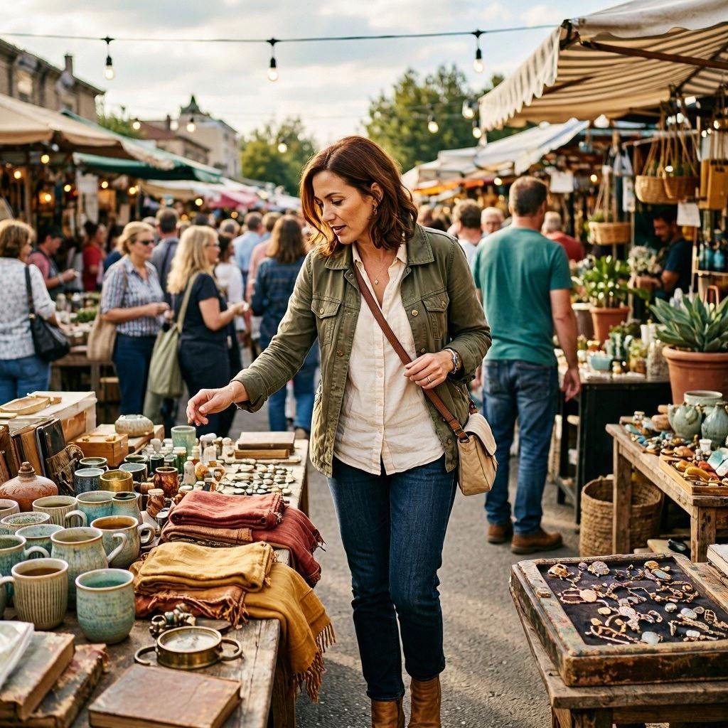 A woman exploring unfamiliar objects at a flea market, following her curiosity without a particular goal. A woman exploring unfamiliar objects at a flea market, following her curiosity without a particular goal.