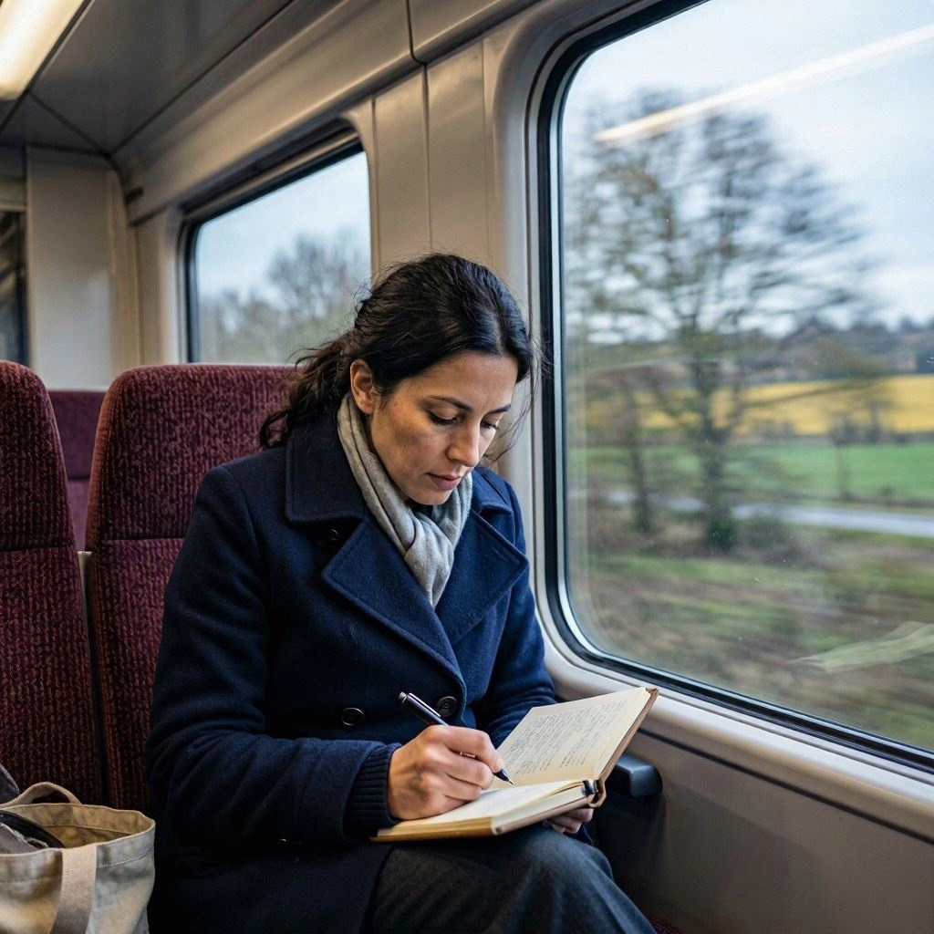 A woman writing down an unexpected idea in a notebook while riding a train. A woman writing down an unexpected idea in a notebook while riding a train.
