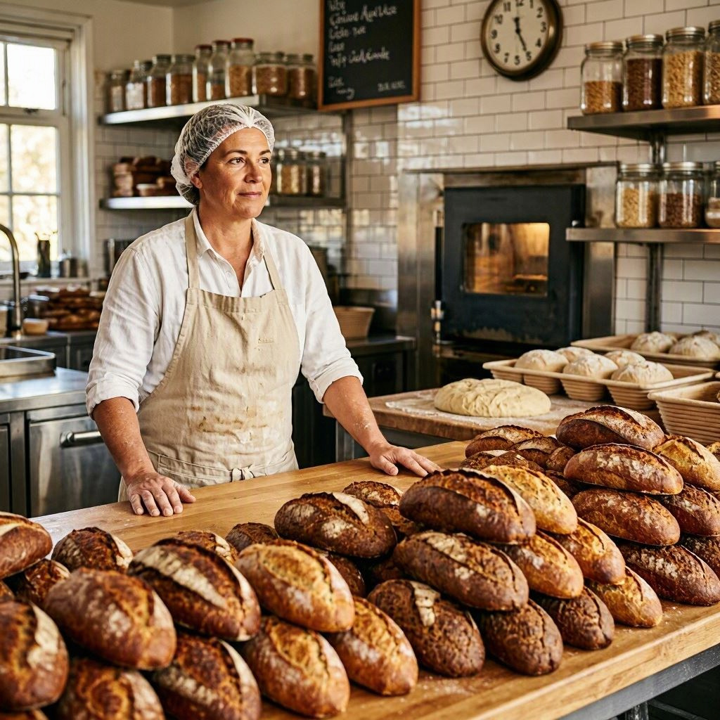 A baker pausing amid a continuous cycle of making, surrounded by finished work and more waiting to be produced. A baker pausing amid a continuous cycle of making, surrounded by finished work and more waiting to be produced.